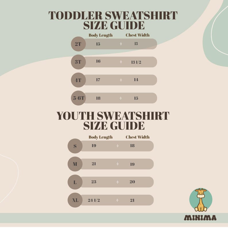 K&ouml;nnte beinhalten: Eine Gr&ouml;&szlig;entabelle f&uuml;r Sweatshirts f&uuml;r Kleinkinder und Jugendliche. Die Tabelle listet die Gr&ouml;&szlig;en von 2T bis XL auf und enth&auml;lt die Ma&szlig;e f&uuml;r K&ouml;rperl&auml;nge und Brustweite in Zoll.