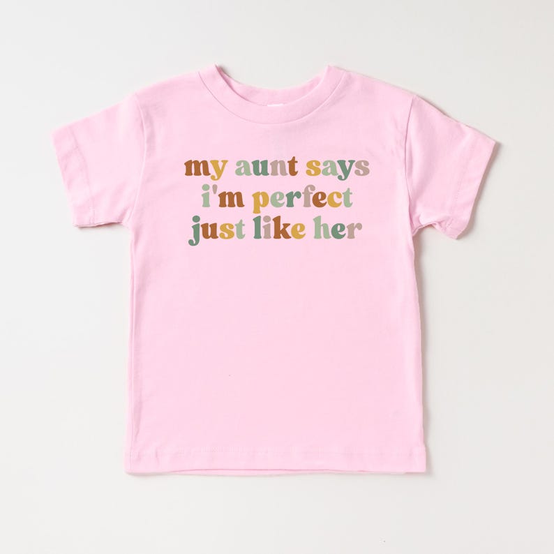 May include: Pink toddler t-shirt with the text "my aunt says i'm perfect just like her" in colorful letters.