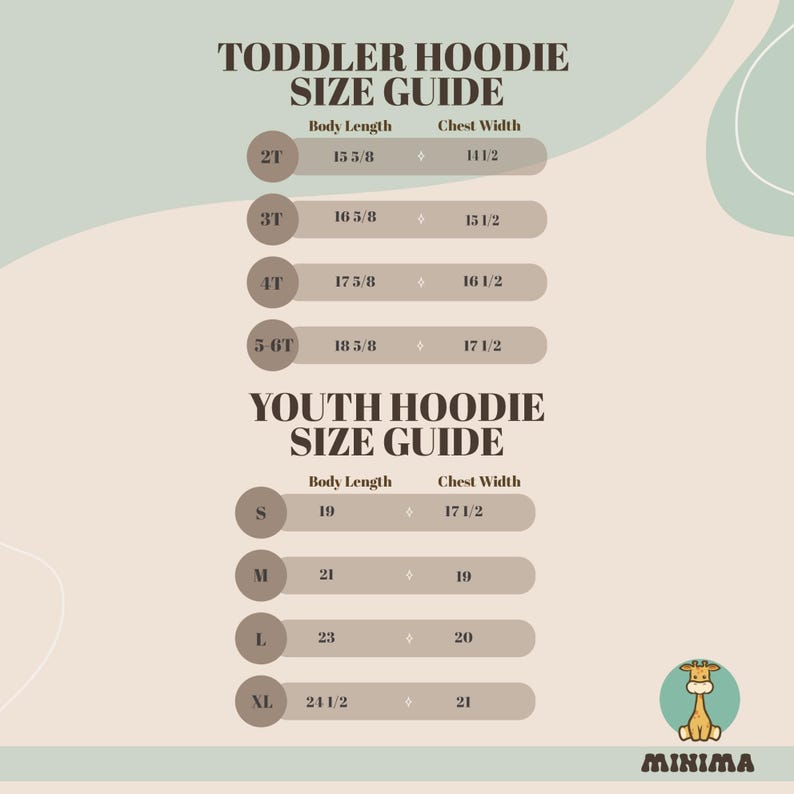 K&ouml;nnte beinhalten: Gr&ouml;&szlig;entabelle f&uuml;r Kapuzenpullover f&uuml;r Kleinkinder und Jugendliche. Die Tabelle zeigt die K&ouml;rperl&auml;nge und Brustweite in Zoll f&uuml;r die Gr&ouml;&szlig;en 2T, 3T, 4T, 5-6T, S, M, L und XL.