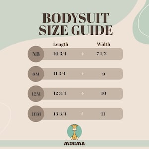 May include: A chart showing bodysuit sizes for newborns to 18 months. The chart lists the size, length in inches, and width in inches. The chart is on a light brown background with a light green and white abstract design.