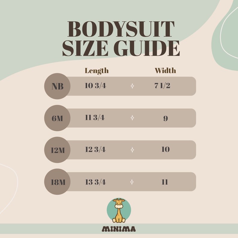 May include: A chart showing bodysuit sizes for newborns to 18 months. The chart lists the size, length in inches, and width in inches. The chart is on a light brown background with a light green and white abstract design.