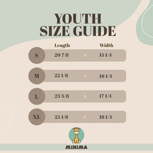 May include: Youth size guide chart with measurements in inches. The chart shows the length and width of sizes S, M, L, and XL.
