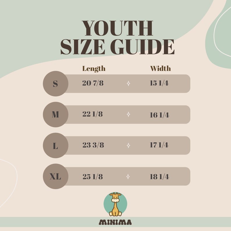 May include: Youth size guide chart with measurements in inches. The chart shows the length and width of sizes S, M, L, and XL.
