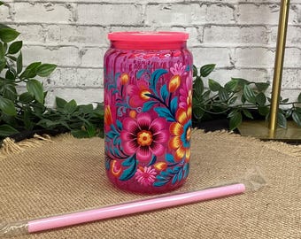Taza de vidrio con flores mexicanas de 16 oz, color rosa, con flores amarillas y rosadas