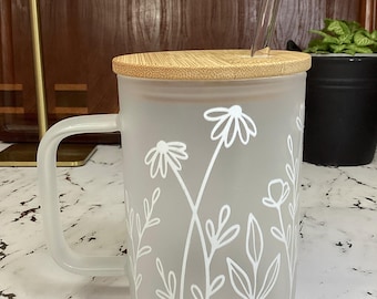 Taza de vidrio esmerilado de 16 oz, diseño floral, regalo de cumpleaños para hermana, mamá, amiga, diseño de flor blanca (dtf)
