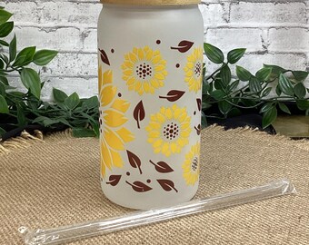 Taza de vidrio esmerilado con diseño de flor amarilla, 16 oz
