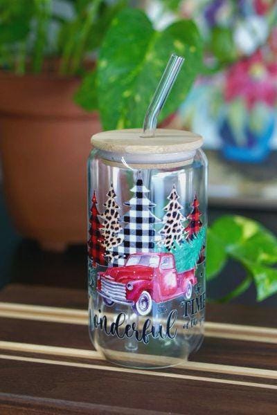 Holiday Glass Cup with Bamboo Lid & Glass Straw - 16 oz