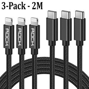 May include: A 3-pack of 2-metre black braided USB-C to Lightning cables with the word "ROCK" printed on each cable.
