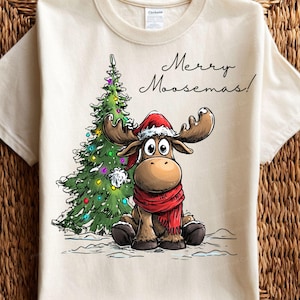 Adorable Christmas Moose Clipart PNG, Cute Moose with Santa Hat, Antlers, and Christmas Tree