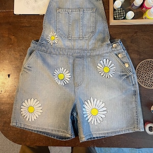 Hand Painted Daisy Floral Denim Dungaree Jean Shorts