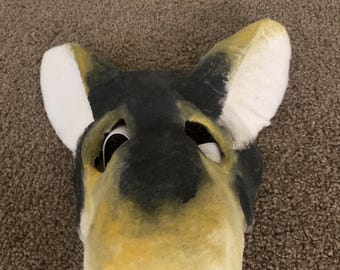 Grey and yellow handmade wolf mask