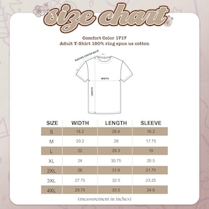 Peut inclure: Un tableau des tailles pour les t-shirts adultes Comfort Color 1717, 100% coton fil&eacute; &agrave; anneaux. Le tableau affiche les mesures en pouces pour la largeur, la longueur et la longueur des manches, des tailles S &agrave; 4XL. Un sch&eacute;ma illustre les mesures.