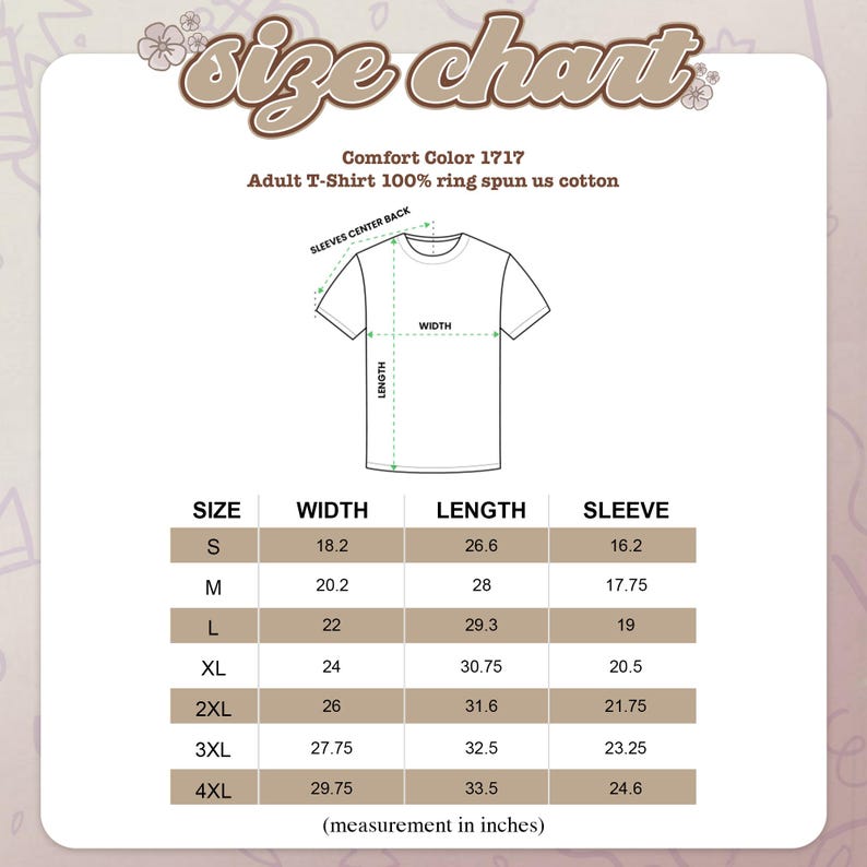 Peut inclure: Un tableau des tailles pour les t-shirts adultes Comfort Color 1717, 100% coton fil&eacute; &agrave; anneaux. Le tableau affiche les mesures en pouces pour la largeur, la longueur et la longueur des manches, des tailles S &agrave; 4XL. Un sch&eacute;ma illustre les mesures.
