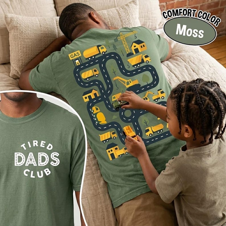 Tired Dads Club Shirt with Construction Track Back Print, Funny Dad Gift Tee, Interactive Car Road Shirt for Kids, Father’s Day Gift Idea image 2