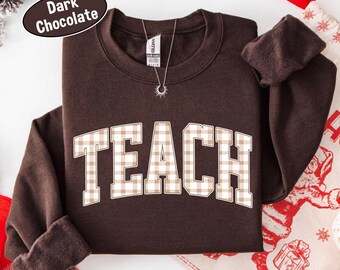 Teacher Fall Sweatshirt, Gingham Print, Trendy Autumn Crewneck