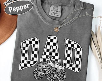 Comfort Colors® Monster Truck Dad Shirt, Oversized Checkered Dad T-Shirt, Trendy Truck Lover Tee, Monster Truck Birthday Gift for Him