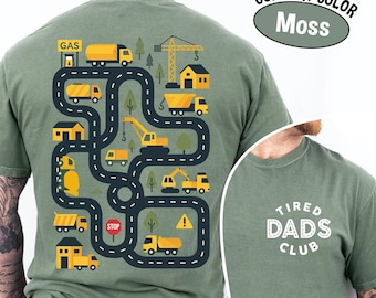 Tired Dads Club Shirt with Construction Track Back Print, Funny Dad Gift Tee, Interactive Car Road Shirt for Kids, Father’s Day Gift Idea