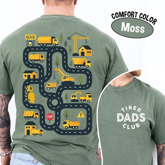 Tired Dads Club Shirt with Construction Track Back Print, Funny Dad Gift Tee, Interactive Car Road Shirt for Kids, Father’s Day Gift Idea