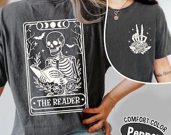 Comfort Colors® Tarot Card Skeleton Reading Shirt – Book Lover Graphic Tee Front Back Print