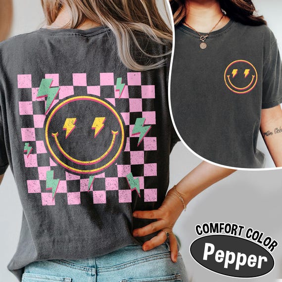 Comfort Colors® Checkered Smiley Face Shirt, Retro Smile Tee, Funny Smiley Shirt, Happy Face Graphic Tee, Lightning Smiley Tee