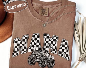 Comfort Colors® Monster Truck Mama Shirt, Oversized Checkered Mom T-Shirt, Trendy Truck Lover Tee, Monster Truck Birthday Gift for Her