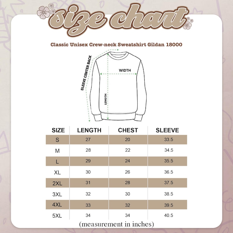 May include: Size chart for a unisex crew-neck sweatshirt. The chart shows the size, length, chest, and sleeve measurements in inches for sizes S through 5XL.