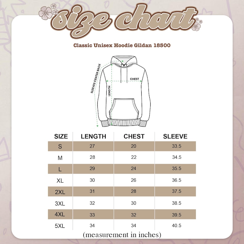 May include: Size chart for a Classic Unisex Hoodie Gildan 18500. The chart shows measurements in inches for sizes S through 5XL, including length, chest, and sleeve dimensions. A diagram of the hoodie is also included.