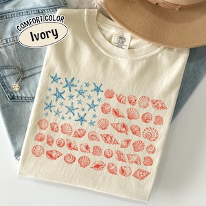 Comfort Colors Seashell USA Flag Shirt, Coastal Patriotic Tee, America 250th Anniversary T-Shirt, Beachy Fourth of July Gift for Women