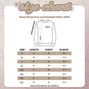 May include: A size chart for a Classic Unisex Crew-neck Sweatshirt Gildan 18000. The chart shows measurements in inches for sizes S through 5XL, including length, chest, and sleeve dimensions. A diagram of the sweatshirt is included.