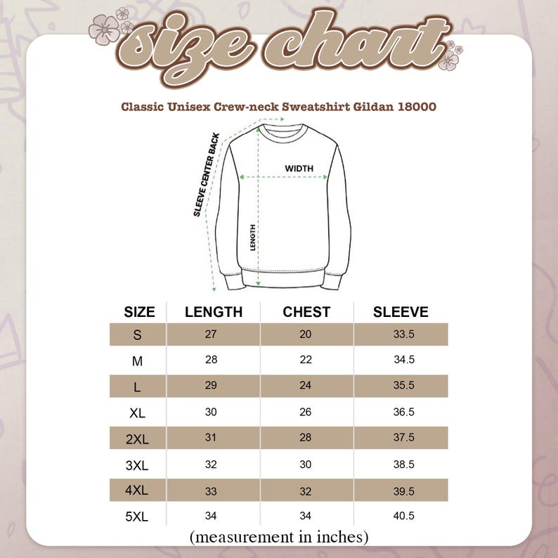 May include: A size chart for a Classic Unisex Crew-neck Sweatshirt Gildan 18000. The chart shows measurements in inches for sizes S through 5XL, including length, chest, and sleeve dimensions. A diagram of the sweatshirt is included.
