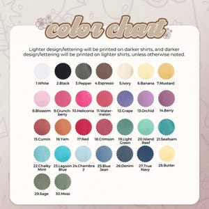 Puede incluir: Una carta de colores con 30 muestras de colores, cada una etiquetada con un nombre. La carta incluye colores como blanco, negro, espresso, baya y denim. El texto en la parte superior dice "color chart".