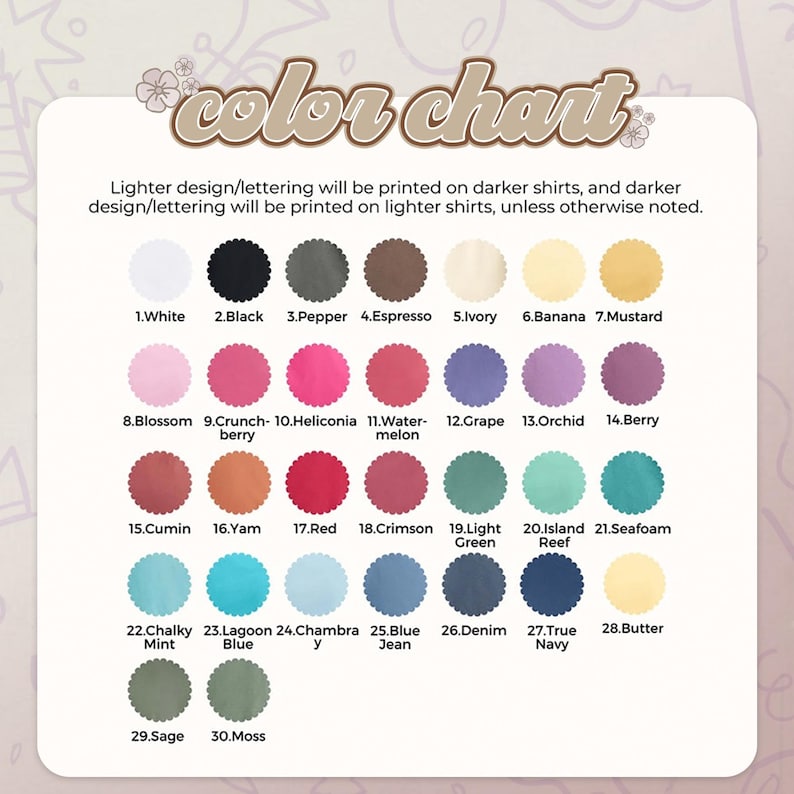 Puede incluir: Una carta de colores con 30 muestras de colores, cada una etiquetada con un nombre. La carta incluye colores como blanco, negro, espresso, baya y denim. El texto en la parte superior dice "color chart".