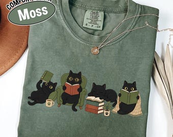 Comfort Colors Black Cats Reading Shirt, Cozy Book Lover Tee, Cute Cat Reader Graphic Tee, Bookish Gift for Her