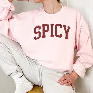 May include: A pink sweatshirt with the word "SPICY" printed in maroon letters.
