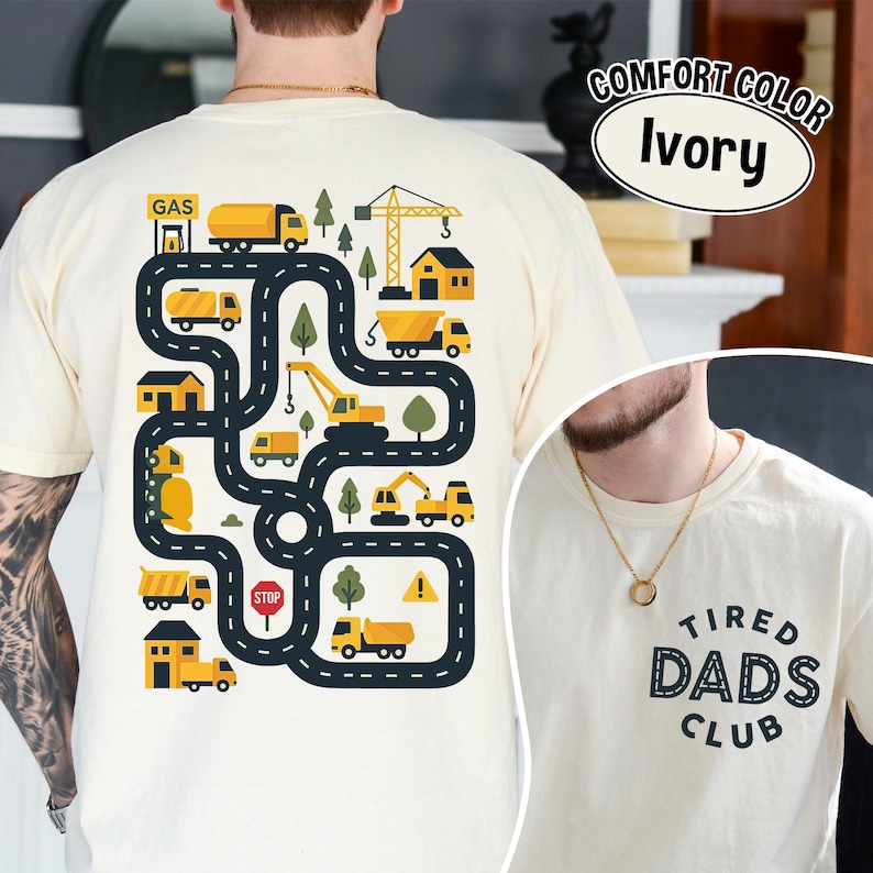 Tired Dads Club Shirt with Construction Track Back Print, Funny Dad Gift Tee, Interactive Car Road Shirt for Kids, Father’s Day Gift Idea image 4