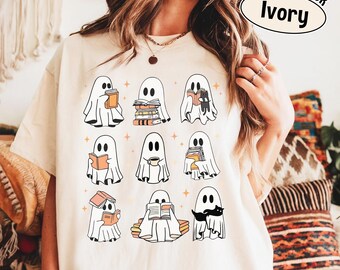 Cute Ghost Reading Book Halloween Comfort Colors Shirt, Ghost Reading Book Girly Shirt, Ghost Girly Halloween Gift, Trendy Halloween Gift