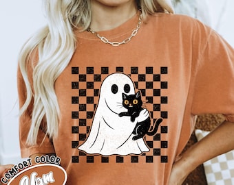 Comfort Colors® Сute Ghost Cat Shirt, Halloween Cat Shirt, Black Cat Shirt, Cat Lover Shirt, Ghost Cat t-shirt, Funny Ghost Cat Shirt