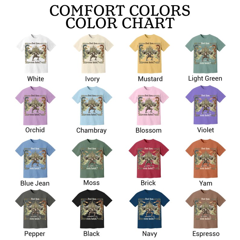 May include: A color chart of Comfort Colors t-shirts in various shades, including white, ivory, mustard, light green, orchid, chambray, blossom, violet, blue jean, moss, brick, yam, pepper, black, navy, and espresso. Each shirt features a graphic.