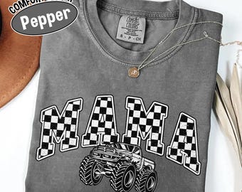 Comfort Colors® Monster Truck Mama Shirt, Oversized Checkered Mom T-Shirt, Trendy Truck Lover Tee, Monster Truck Birthday Gift for Her
