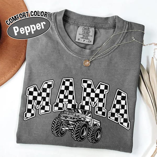 Comfort Colors® Monster Truck Mama Shirt, Oversized Checkered Mom T-Shirt, Trendy Truck Lover Tee, Monster Truck Birthday Gift for Her