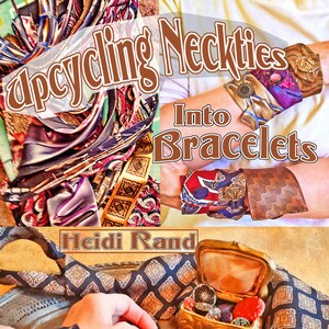 May include: Upcycling Neckties into Bracelets by Heidi Rand. A close-up of a person's hand wearing a blue and gold patterned tie bracelet. The bracelet has a gold button closure. A gold jewelry box with a variety of buttons and beads is in the background.