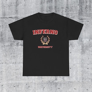 May include: Black t-shirt with a red "Inferno University" logo featuring a crest with a laurel wreath.