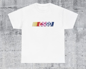 May include: White t-shirt with a racing stripe design and the text "CSGO" in blue, red, and yellow.