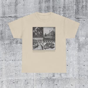 May include: A beige t-shirt with a black and white photo collage of an industrial building. The photo collage is divided into four sections. The top left section shows a close-up of a building with a large pipe. The top right section shows a building with a tall tower. The bottom left section shows a building with a large pipe. The bottom right section shows a building with a large pipe.