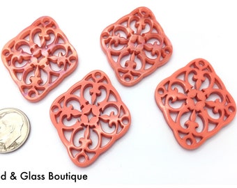 German Lucite Laser Cut Lacy Diamond Mother of Pearl Pendant, 40x33x3mm, 1 piece CHOOSE: Marsala Red OR Coral Peach; Bead Embroidery Weaving