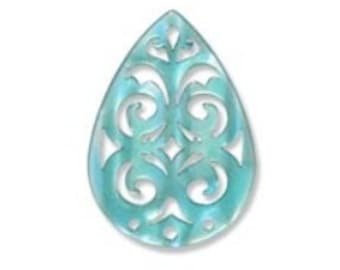 German Lucite Laser Cut Lacy Teardrop Pendant, 40mm X 28mm X 3mm thick, 1 piece, Dual Sided: Turquoise Mother of Pearl & Opaque