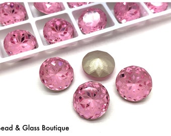 Glass Rhinestone - Lotus Chaton - 14mm Round - Light Rose (Foiled), 4 pieces, No Hole, Pointback, Flat Top; Bead Weaving Bead Embroidery