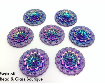 Acrylic Sew On Flatback Cabochon w/ 2-holes, 3D Scalloped Flower, 29mm, Pack of 2, CHOOSE AB: Jet, Pink, Green, Purple, Aqua, Yellow, Peach