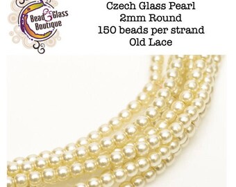 Czech Glass Round Pearl Druk Bead, Single Hole, Old Lace (shiny), SIZE: 2mm (150 beads); Ivory Cream; Bead Weaving Bead Embroidery Embellish