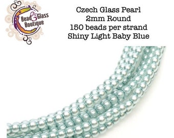 Czech Glass Round Pearl Druk Bead, Single Hole, Shiny Light Baby Blue, SIZE: 2mm (150 beads); Bead Weaving Bead Embroidery Embellishment
